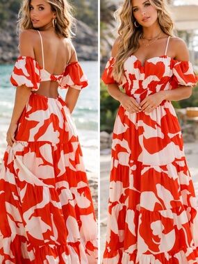 Red & White Off-Shoulder Tiered Maxi Dress